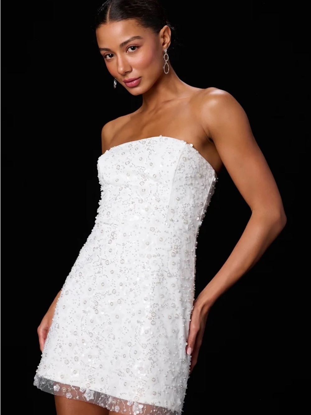 Lulu's White Strapless Beaded Mini Dress